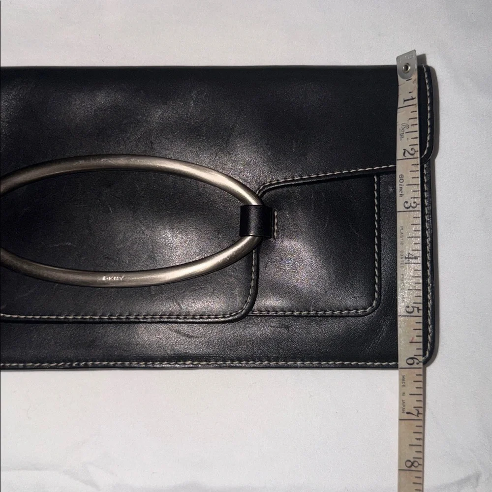 DKNY Black Leather Silver Buckle Minimal Envelope Style Clutch